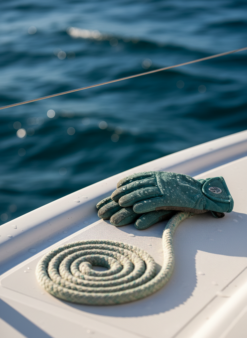 A pair of weathered, teal sailing gloves rest side by side on a rounded, white fiberglass catamaran rail, droplets of seawater still beading on their textured surface. Nearby, a coiled, sun-bleached rope in soft ivory and seafoam lies in a playful spiral, casting a gentle shadow on the deck. In the background, the ocean stretches out in sparkling shades of sapphire and aqua, softly blurred into a dreamy bokeh. Late afternoon sunlight creates a warm, golden rim along the rail and highlights the glossy deck. Shot from a low, close-up angle with shallow depth of field, the mood is intimate, determined, and hopeful. The photographic style is bright and vibrant, emphasizing small, tactile details of everyday sailing life lived simply and with purpose.