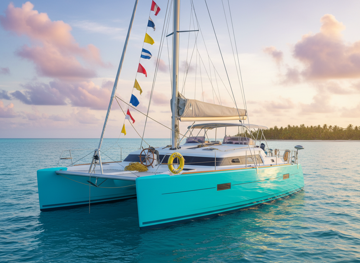A bright turquoise catamaran with rounded, friendly hulls gently rocks on clear, tropical water, its white sails neatly furled and colorful signal flags fluttering from the mast. The deck is scattered with playful, weathered nautical gear: a well-used wooden helm, coiled golden ropes, and a cheerful yellow life ring stamped with the words “Salt & Light.” Soft golden hour sunlight bathes the boat, casting warm reflections onto the rippled surface below. In the distance, a hazy shoreline and puffy, candy-like clouds create a whimsical horizon. Photographed from a slightly elevated angle with sharp focus throughout, the image feels vibrant, energetic, and inviting, with photographic realism and bright, saturated colors that echo a joyful, adventurous sailing life.